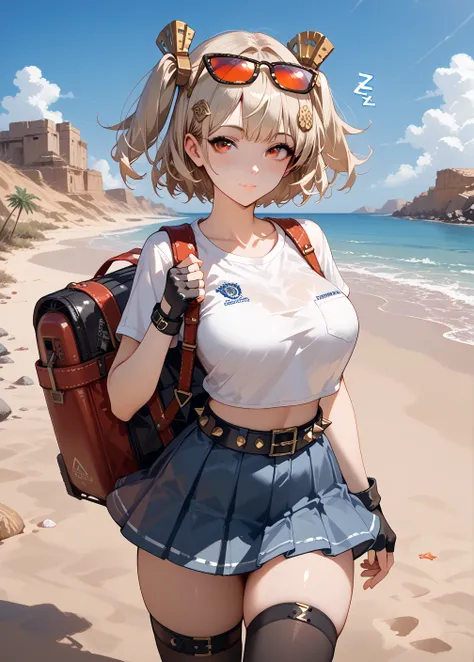  1girl,one,_ZZZ,  Short hair,  short double tails,   hair ornament behind the school , beach, having fun,  facing the viewer , very sexy, erotica,  leans forward,  sunglasses , on the head , desert area,  eyes against the background of an abandoned gas sta...