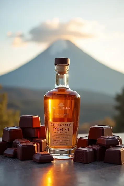 clear pisco bottle for advertising, In the background there are square chocolate candies and the inactive volcano Misti