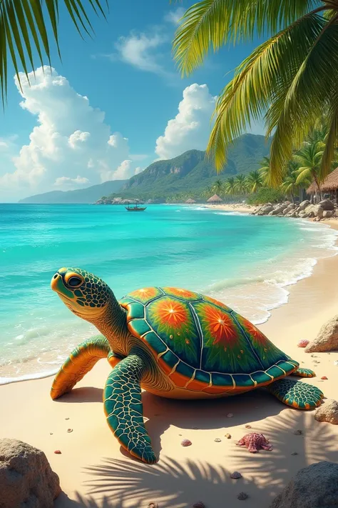 Very colorful pretty turtle for ren on the beach