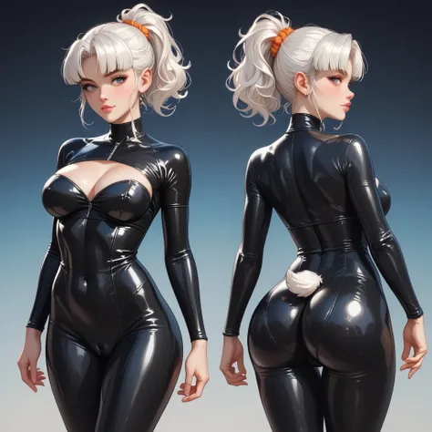 sexy woman,  White hair, Ducktail hair style with cropped bangs, wearing a black bodysuit, body de elastano simples, body simples preto, Black transparent bodysuit, body preto,  body in the color black all black,  parts of the transparent body , huge tits,...