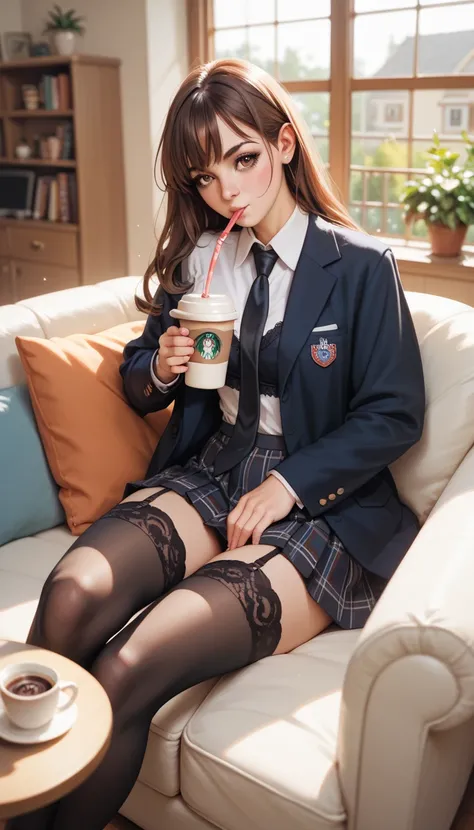 ,  long brown hair ,  brown eyes almond , ,  big and firm boobs , muslos gruesos,  schoolgirl costume  (camisa blanca, black tie, Black miniskirt,  black stockings), having breakfast, drinking coffee, sitting in the living room of her house