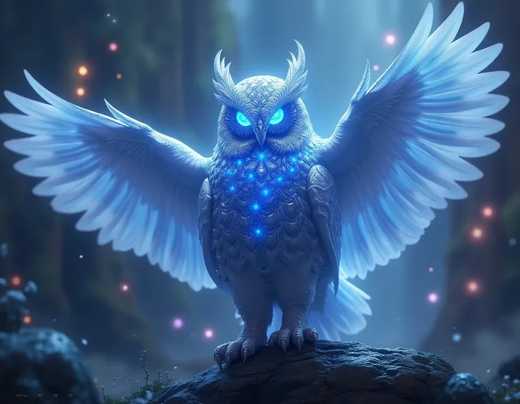 silver and sapphire owl, ethereal glow, fantasy, digital art style