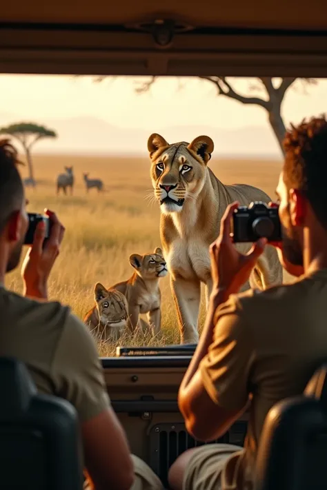 Scene 2: Face-to-Face with a Lion Pride
Messi and Ronaldo sit quietly in the jeep, parked a few meters from a pride of lions resting under an acacia tree. Messi raises his camera, capturing the powerful presence of the lioness watching over her cubs. Ronal...