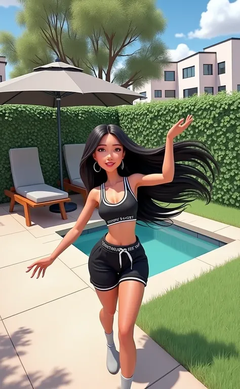 Woman 30 years, long straight black hair, wearing black sports bra with white Victoria’s Secret lower trim name with black sweat shorts and white low socks. At backyard with small square pool with green grass wall in the back and white modern low rise apar...