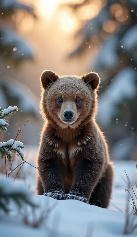 A brown bear cub standing in the snow, surrounded by frosty pine trees, soft sunlight filtering through, ultra-detailed photo realism hotos 8k, clear focus, high definition, ultra-high definition, , close-up shots using sony FE50mm F1.2 , 32K, editorial, p...