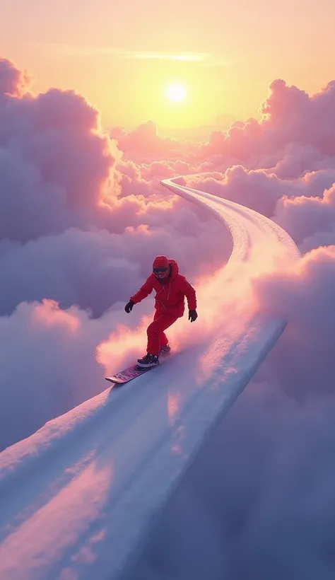 A snowboarder gliding effortlessly over a surreal cloudscape, with massive fluffy clouds forming a smooth trail in the sky. The background is illuminated by a golden and purple sunset, creating a dreamy and dramatic atmosphere. The snowboarder wears vivid ...