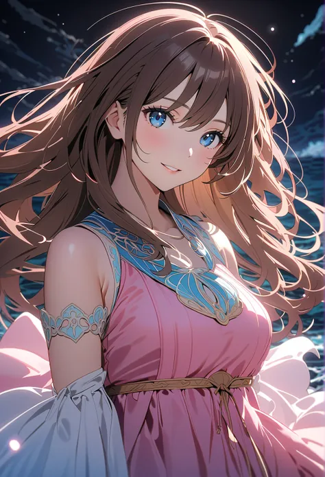 anime girl long brown hair ocean blue eyes (masterpiece), 8k cg, stunningly beautiful girl, intricate details, chromatic aberration, ((bust shot)), ((looking at viewer)), 1girl, (pink simple dress, brown hair, Akko Kagari), ((ocean Blue Eyes)))), extremely...