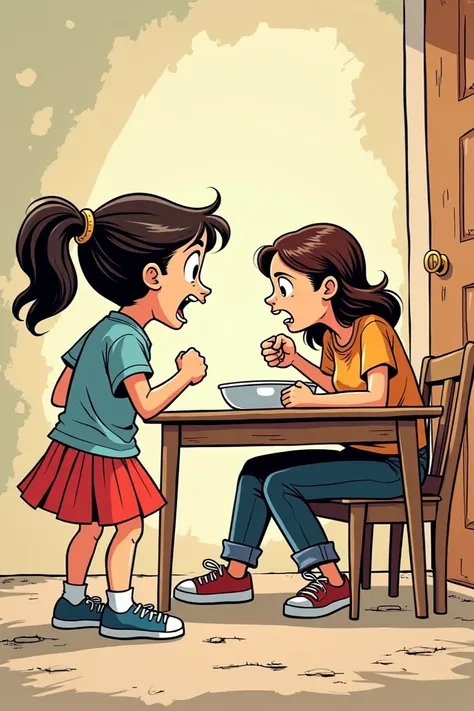 In comic format  ,  Give me a drawing in which there is a young girl standing at the table and shouting at her mom 