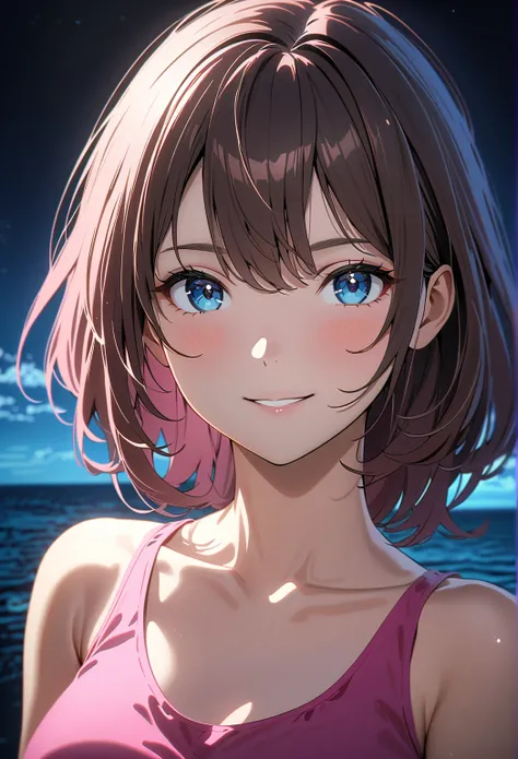 anime (masterpiece), 8k cg, stunningly beautiful girl, intricate details, chromatic aberration, ((bust shot)), ((looking at viewer)), 1girl, (pink tank top, brown hair, Akko Kagari), ((ocean Blue Eyes)))), extremely beautiful and delicate portrait, , woman...