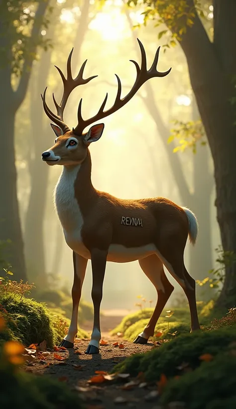 A female deer and the word Reyna in the woods