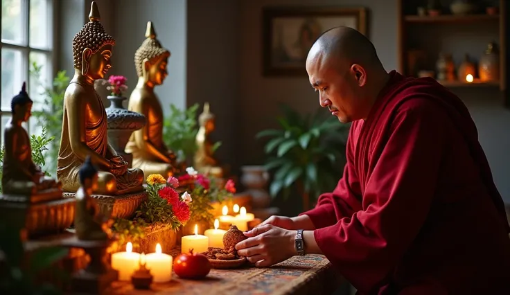 " monk wearing Rasa  (Kashaya )  red scrambler (a monk,  arranging altars in the house :  In his home, a monk attentively and respectfully organizes a small altar ,  placing Buddha images on it , candles, incense and flowers .  This action symbolizes the d...