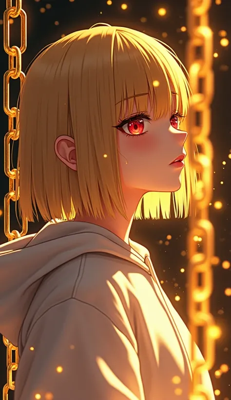  Anime 2d art .
 Close-up in profile , girls red eyes,  raised her head up ,  pretty face, red-eyed , wine red eyes, scarlet eyes,  Blonde woman with bob haircut , Dark red eyes glow deep red inside , straight golden hair cut under the square,golden shiny ...