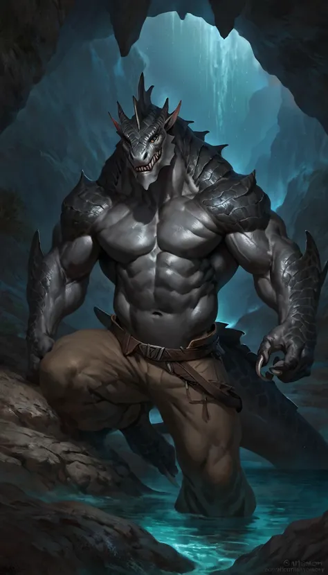 Muscular monster sharkfolk, solo, pants, giant, mercenary, gray body, detailed shark skin, black arms and fins, black belly, 1male solo, anthro, fins, muscular, masculine, trapezoid body type, thick shark tail, marked jaw, pecs, pants, full body, comicbook...