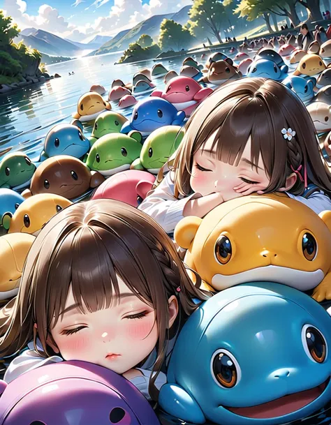 (( Loch Ness at rush hour where Nessies of all sizes are crowded:1.5、 lying down and sleeping on the lakeside :1.5、Crawling、 face down 、Cheek resting on hand:1.5))、((whole body, from BELOW:1.5、side view:1.5)),　(( Look Up Above:1.5)、((Girl:1.5、university st...