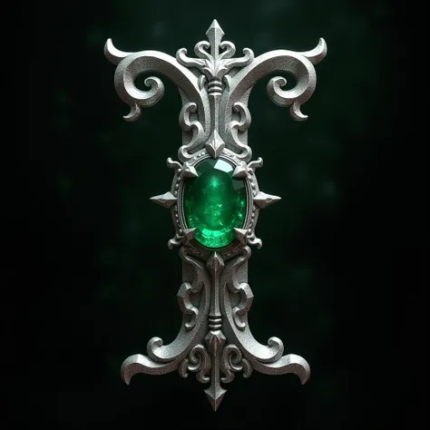  Letter I silver color realistic Gothic style, all set with emerald with a background 