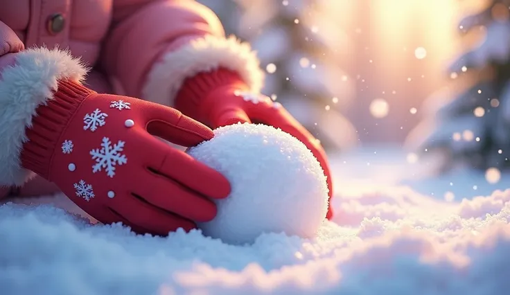 A close-up of tiny, gloved hands rolling snow into a perfectly round snowball. The snow sparkles in the sunlight, with gentle particles of snow floating in the air. The ’s gloves are bright red with snowflakes on them, adding a festive detail. Vibrant past...