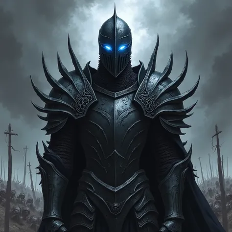 A hand-drawn dark fantasy illustration of a menacing knight with glowing blue eyes, wearing blackened, spiked armor adorned with intricate and ornate patterns. The knight is surrounded by an ominous, shadowy atmosphere. The background is a dark grey tone, ...