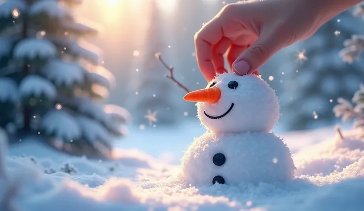 A close-up of a ’s hand placing a bright orange carrot nose onto the snowman’s face. The snowman’s button eyes and smile made of coal are already in place, and the surrounding snow glows softly in the winter sunlight. The background shows blurred, glitteri...