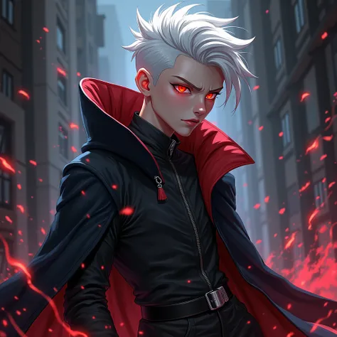 Arcane version,  white-haired boy with a wolfcut cut, flesh-red eyes ,  stylish thief clothing 