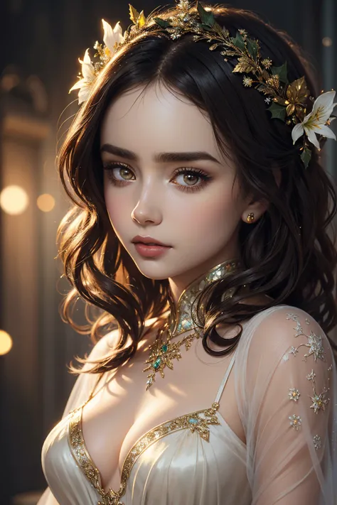 3D portrait Lily Collins, wearing Snow White transparent sexy costume, against the background of a Christmas tree, 9 9 9 9 s, curly hair, intricate, elegant, highly detailed, digital painting, artstation, concept art, smooth, sharp focus, illustration, art...