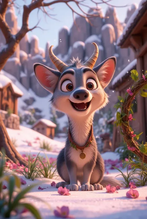 (Disney Pixar style) un lupetto con le corna gioca sulla neve con una ghirlanda