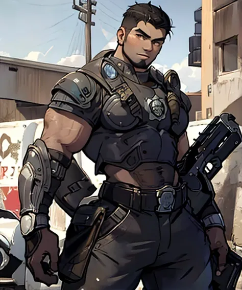 dominic_ Santiago , looking at the spectator,  muscle shirt,  short hair,  dark skin, (beard:1.1), plump, Standing, field, sunny, Day time, armor,  long pants ,  holding a gun 