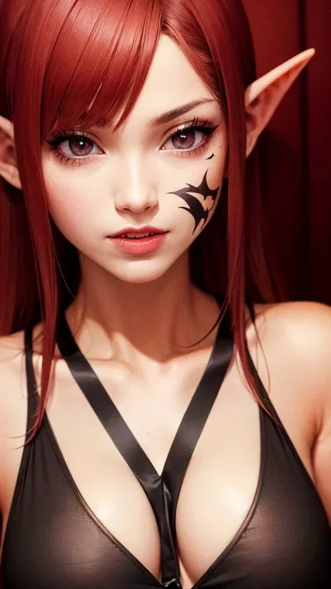 RAW, professional photograph, medium shot, photorealistic, hyper-realistic, ray tracing, super detail, UHD, 8k, female elf, twenty years old, athletic body, soft facial features, neon red hair, long hair, straight hair, red eyes, black lipstick, black dres...