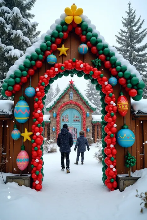 A façade of a gate decorated with a Christmas theme made with pure balloons and Christmas drawings made of balloons and Christmas drawings made of balloons and chains made of red and green plastic. 