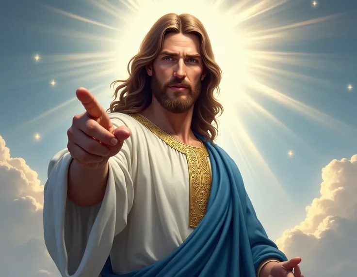 "Create a stunning digital illustration of Jesus Christ, but with his face turned directly toward the camera with an intense, commanding gaze. He points firmly with one hand toward the camera, emphasizing the connection with the viewer. Jesus wears traditi...