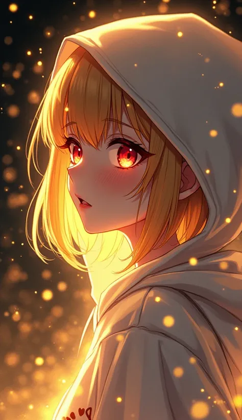  Anime 2d art .
 Close-up in profile , girls red eyes,  raised her head up ,  pretty face, red-eyed , wine red eyes, scarlet eyes,  Blonde woman with bob haircut , Dark red eyes glow deep red inside , straight golden hair cut under the square,golden shiny ...