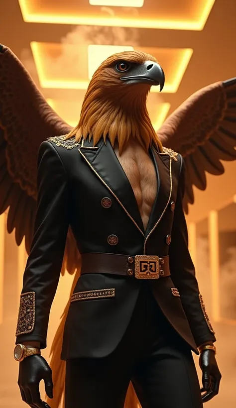 " An anthropomorphic eagle with a hyperrealistic appearance ,  with golden and brown plumage ,  powerful wings and an imposing beak .  She is dressed in haute couture clothing from a famous brand , like Givenchy .  She wears an elegant fitted suit in dark ...