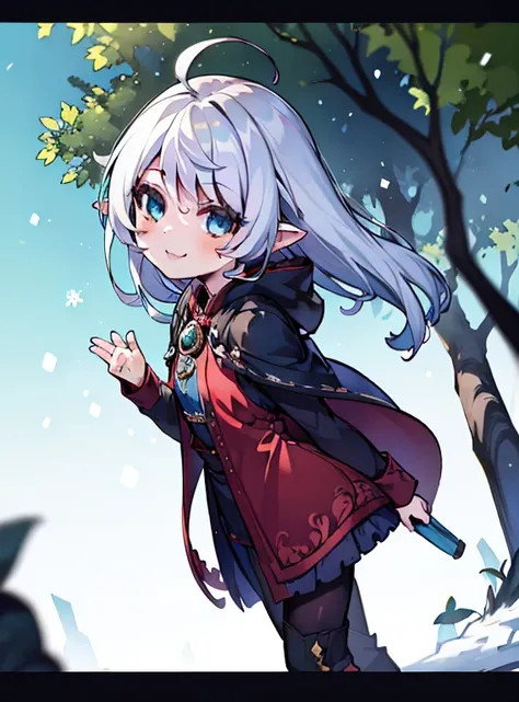 an anime style illustration of a girl in a red cloak and white boots walking, 1girl, pointy ears, long hair, solo, braid, tree, letterboxed, blue eyes, outdoors, looking at viewer, snow, smile, bangs, white hair

(masterpiece:1.2), (best quality:1.2), (ver...