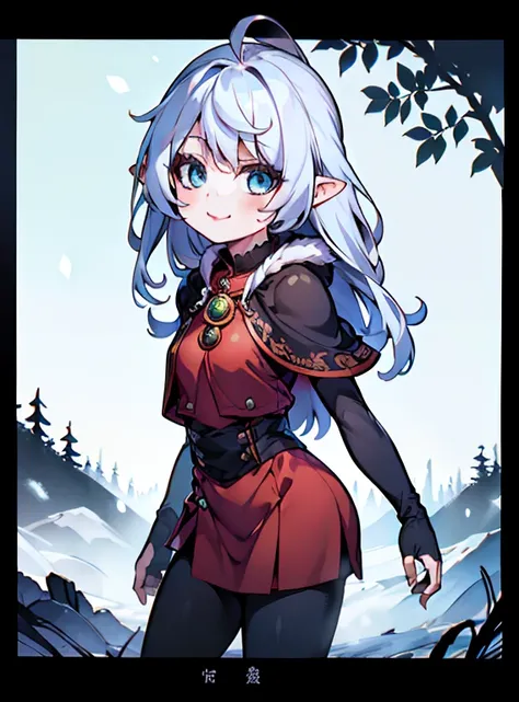 an anime style illustration of a girl in a red cloak and white boots walking, 1girl, pointy ears, long hair, solo, braid, tree, letterboxed, blue eyes, outdoors, looking at viewer, snow, smile, bangs, white hair

(masterpiece:1.2), (best quality:1.2), (ver...