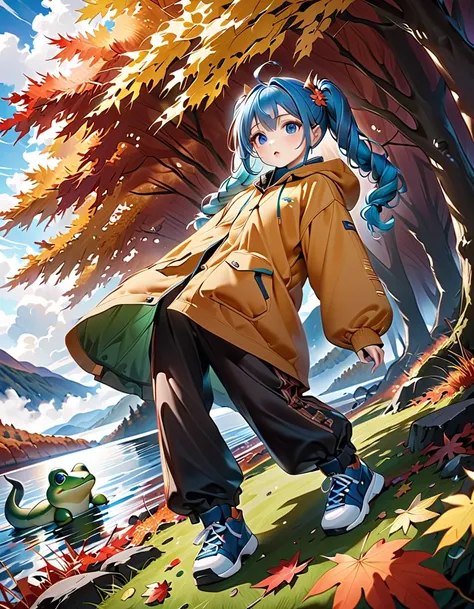 ((Loch Ness in autumn :1.5、 :1.5))、((whole body, from BELOW:1.5、side view:1.5)),　(( Look Up Above:1.5)、((Chibiガール:1.5、Chibi:1.5))、 best quality、 high definition 、 detailed background、 beautiful face down to the smallest detail、 Anatomically Correct、Ultra-d...