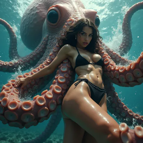 Beautiful fit light skinned brunette Arabic woman with big breast and thick thighs in black bikini grappling with one gigantic colossal 80 meter very thick smooth tentacle wrapped firmly around her waist and lower body, colossal tentacle holding her by the...