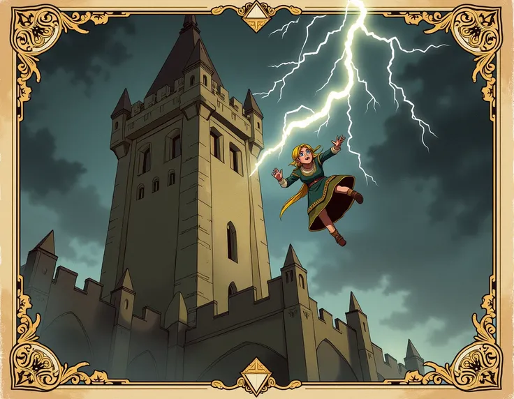 Make a taro card vintage drawing the tower  , inspired by Zelda .  The card is Zelda falling from a tower and being struck by lightning