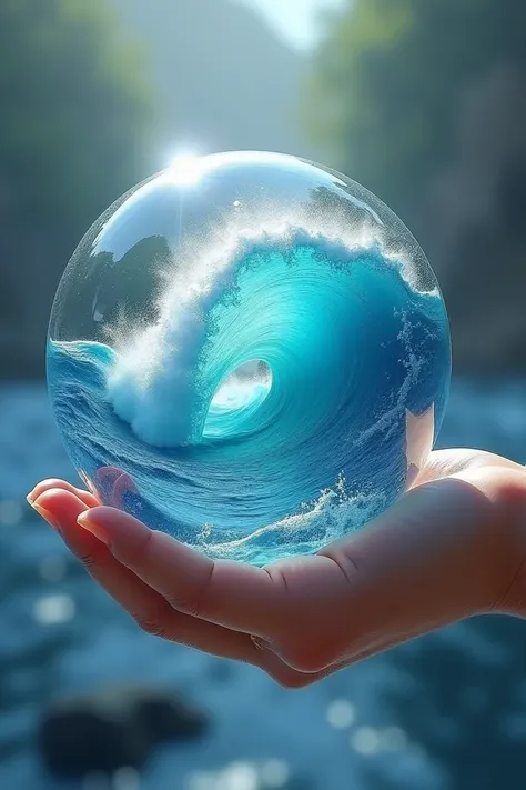 the beautiful and magical ocean and waves in a large transparent orb, the waves crash against the sides of the transparents glass orb which is placed on the palm of someones hand, beautiful, ethereal, surreal scene set in 8k resolution with crystal clear d...