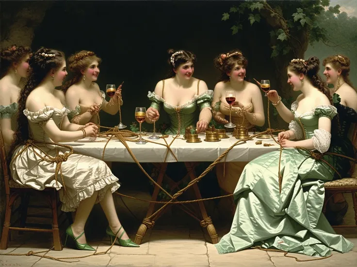 year 1886, a maleslave is tied and whipped by a very beautiful noble lady while her girlfriends are sitting around a table drinking vine andlaughing at the slave pointing at him