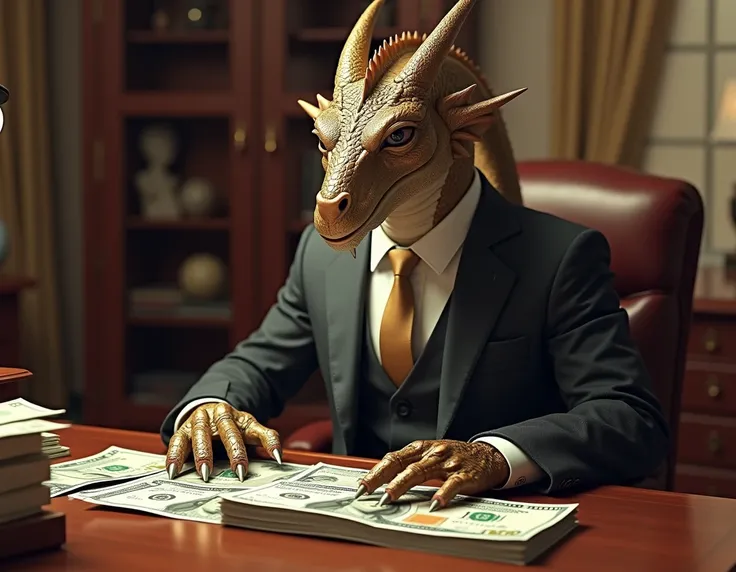 Dragon Ganster in executive costume sitting counting 100 dollars