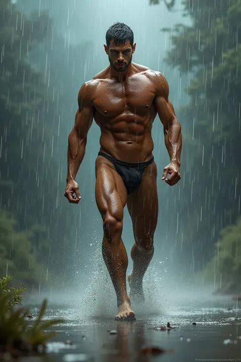 A nude man walking under the rain with a big erected dick