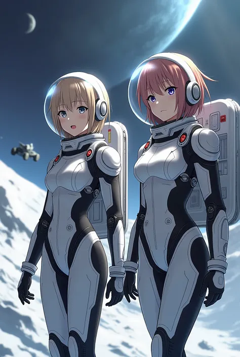 masterpiece, Highest quality, high resolution, newest, 2girls, friends, (group shot):5, (upper body):5, kyoto animation style, detailed, BREAK lunar base interior and exterior, moon surface exploration, lunar landscape, BREAK (white and black mechanical sp...