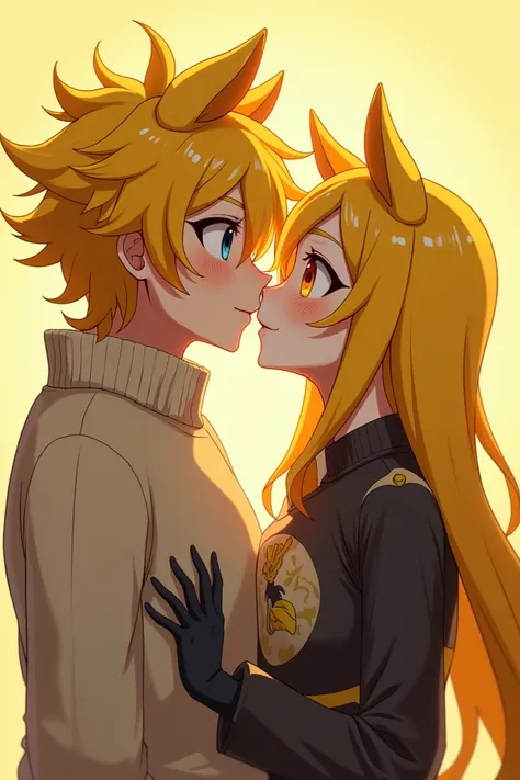 A boy animates hair 
yellow horns yellow black eyes with lenses a nice and very strong sweater kissing her boyfriend who has a yellow horse yellow horns a t-shirt with black gloves black eyes and handsome both 
