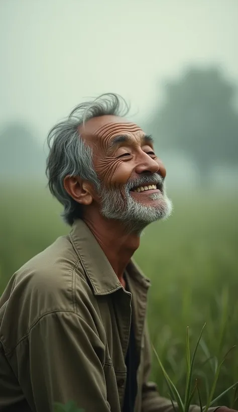 An old man with a small smile is closed his eyes and is wearing slightly old clothes while he is in the blurry field.  