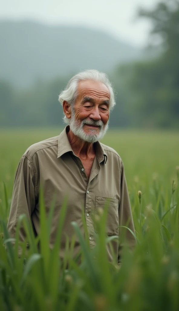 An old man with a small smile is closed his eyes and is wearing slightly old clothes while he is in the blurry field.  