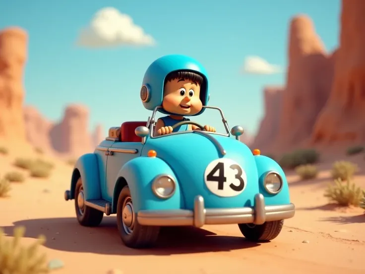  A blue car in the style of the Flinstones 3d, homeless, with the number 43 in front ,  and is driven by a pilot with a blue helmet 