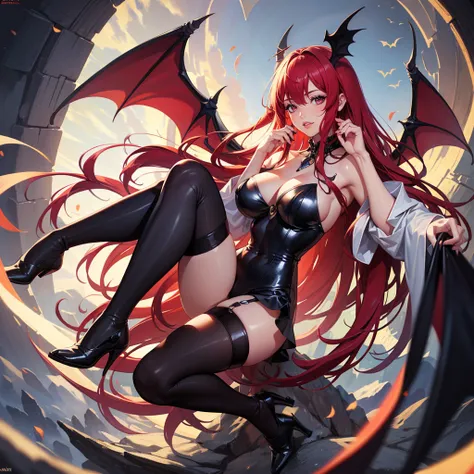 high quality, award winning, highres, 8k, 1girl, Koakuma (touhou), (long hair), red hair, (((straight hair))), seductive, solo, pink eyes, perfect hands, bat wings, bat head wings, detailed face, thicc, black stockings,masterpiece,big breasts, detailed lip...