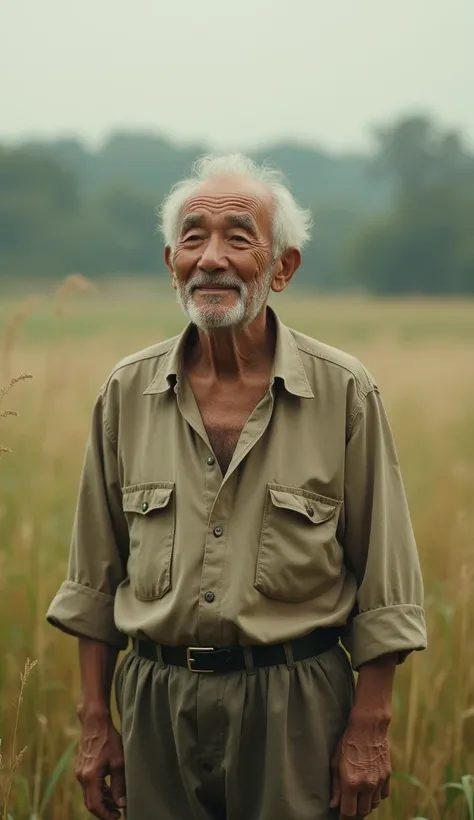 An old man closed his eyes as he finds himself with a small smile wearing slightly old clothes while standing in the blurry field.  