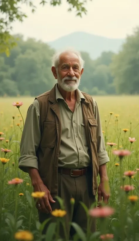 An older man with a small smile in the field. 