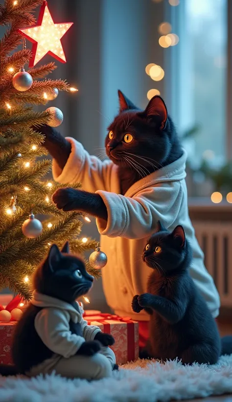  A family of fluffy Siberian black cats with yellow lively reflective eyes decorate a Christmas tree . Cat Dad ,  x} is standing on his hind legs dressed in beige pajamas made of pants and a shirt ,  puts a large red glowing star on the top of the tree ,  ...