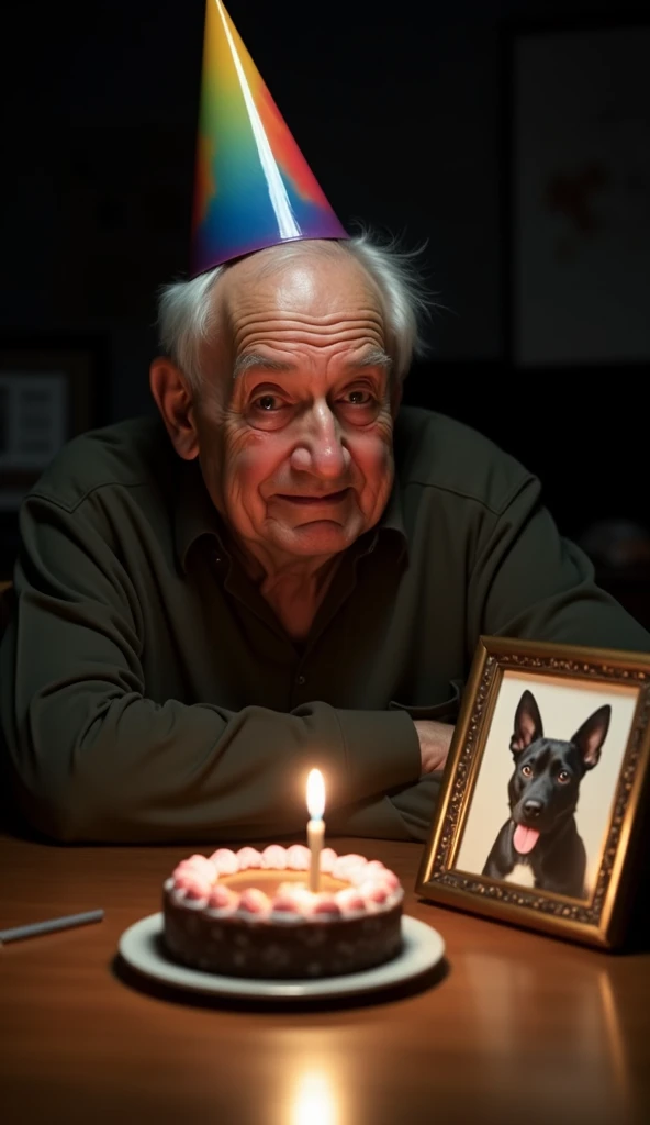 An elderly man sits alone at the table, wearing a colorful party hat. His eyes are full of tears and a pained smile suggests a mix of sadness and nostalgia. In front of him is a small, simple birthday cake with a single lit candle, casting a warm glow on h...